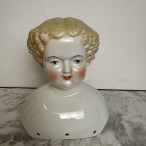 Antique Porcelain Doll Head 6.25” Tall Blonde Hair Blue Eyes Curly #8-#10 READ